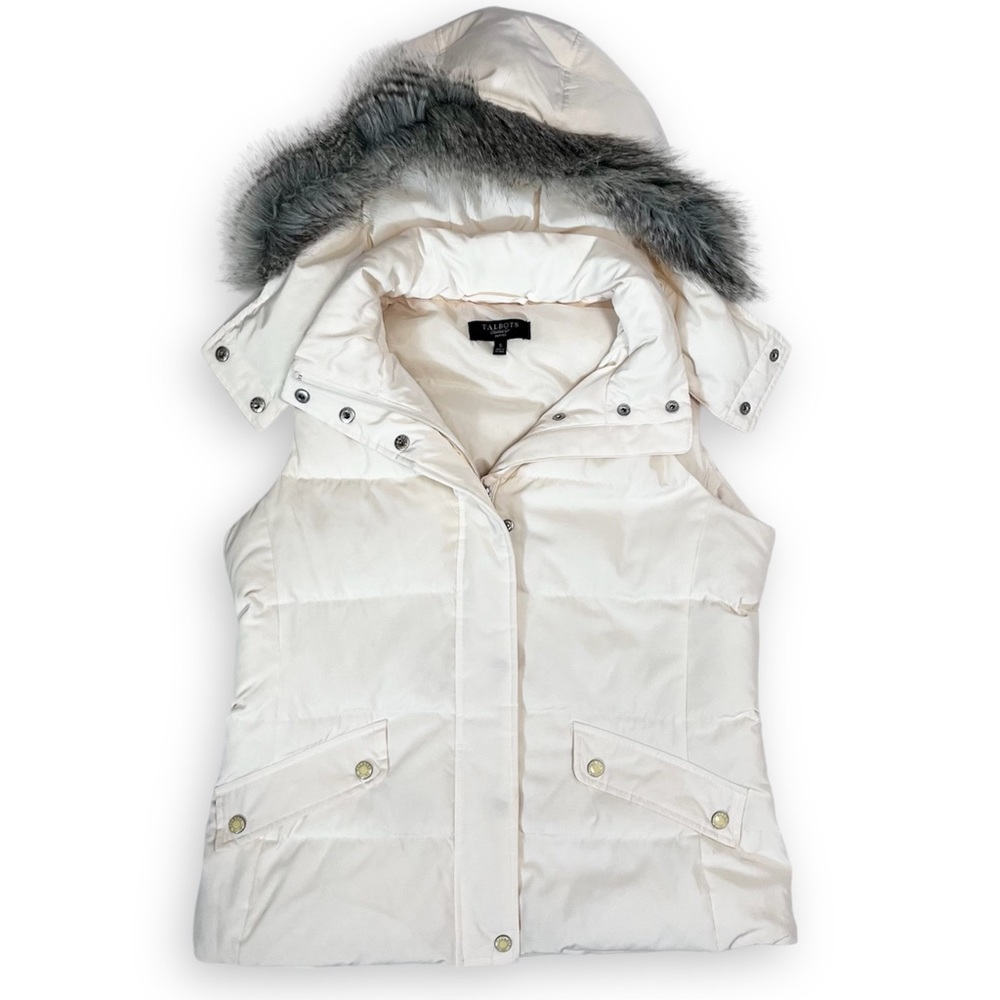 Talbots Duck Down Vest w/ Detachable Hood Faux Fur Ivory Size Small Petite